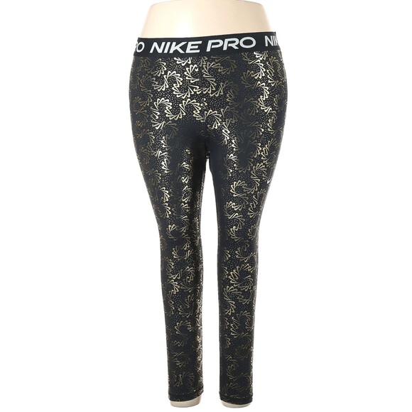 Nike Pro Dri-Fit Women’s 3X Leggings Black Metallic Gold Foil Logo AOP Mid Rise - Picture 2 of 9